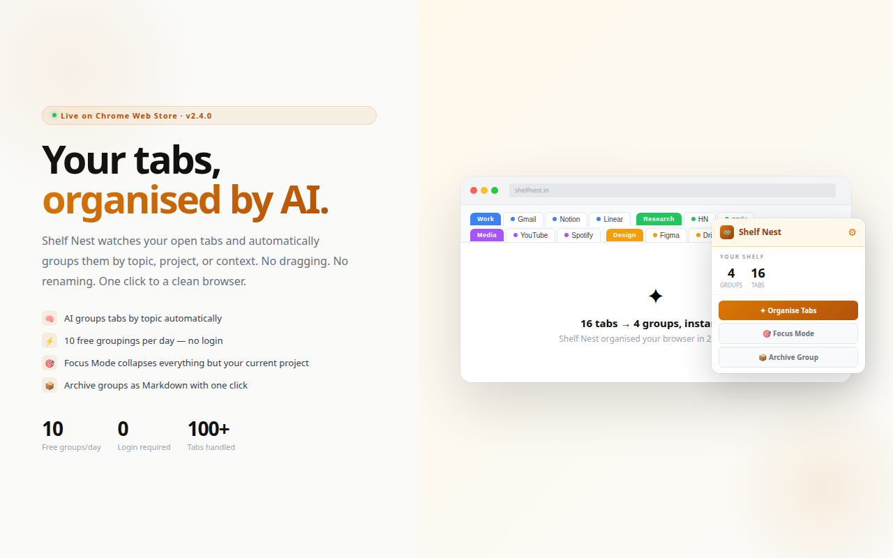 Shelf Nest — hero popup with tab groups